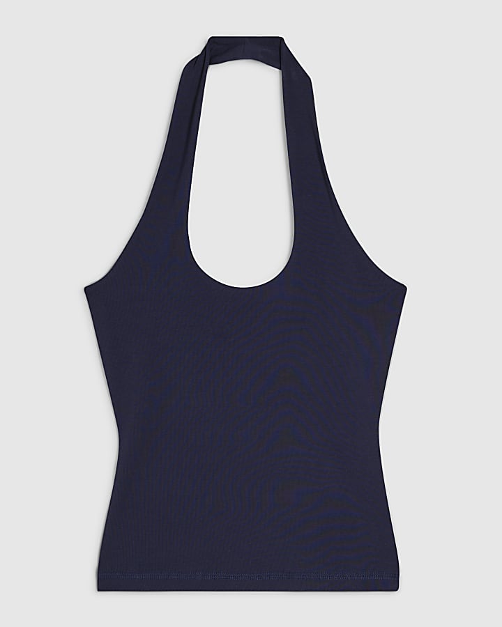 Navy Cotton Blend Halter Neck Tank Top