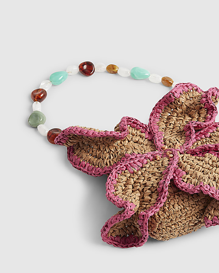 Beige Raffia Flower Bag
