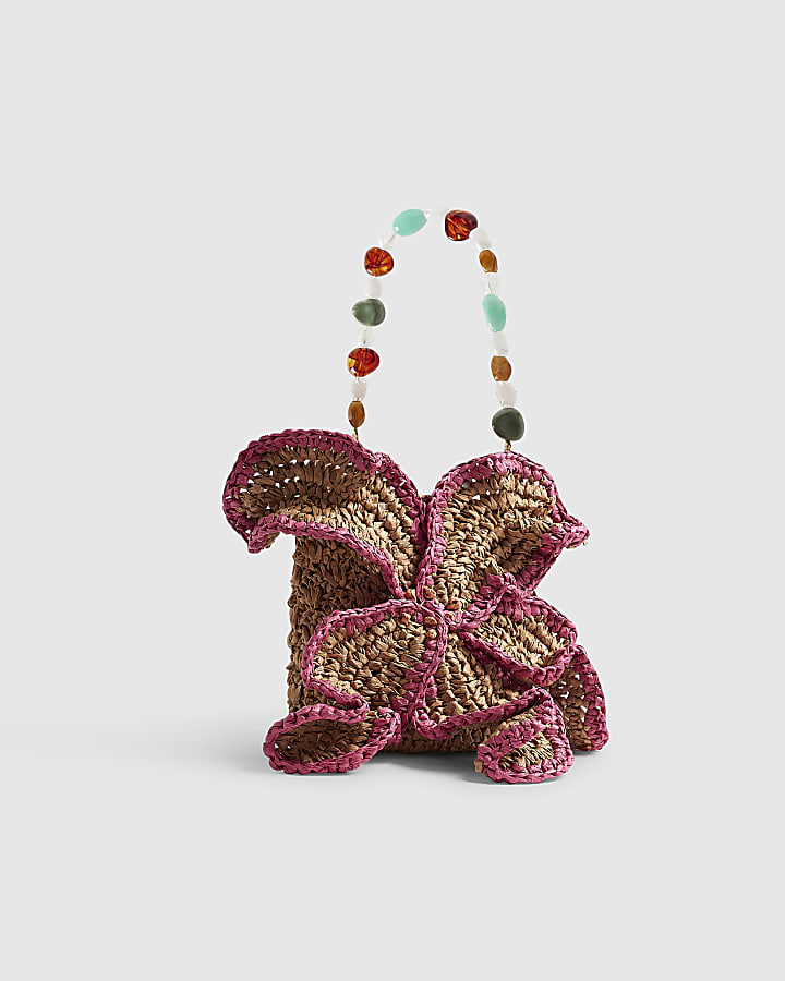 Beige Raffia Flower Bag