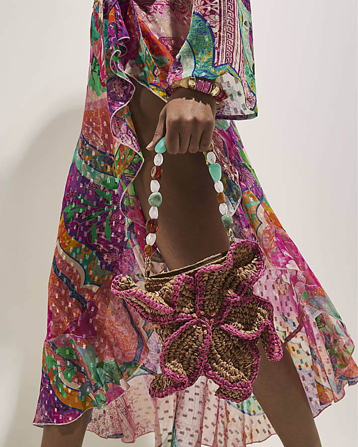 Beige Raffia Flower Bag