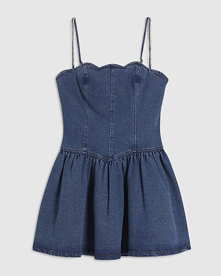 Blue Denim Diamante Strap Mini Dress