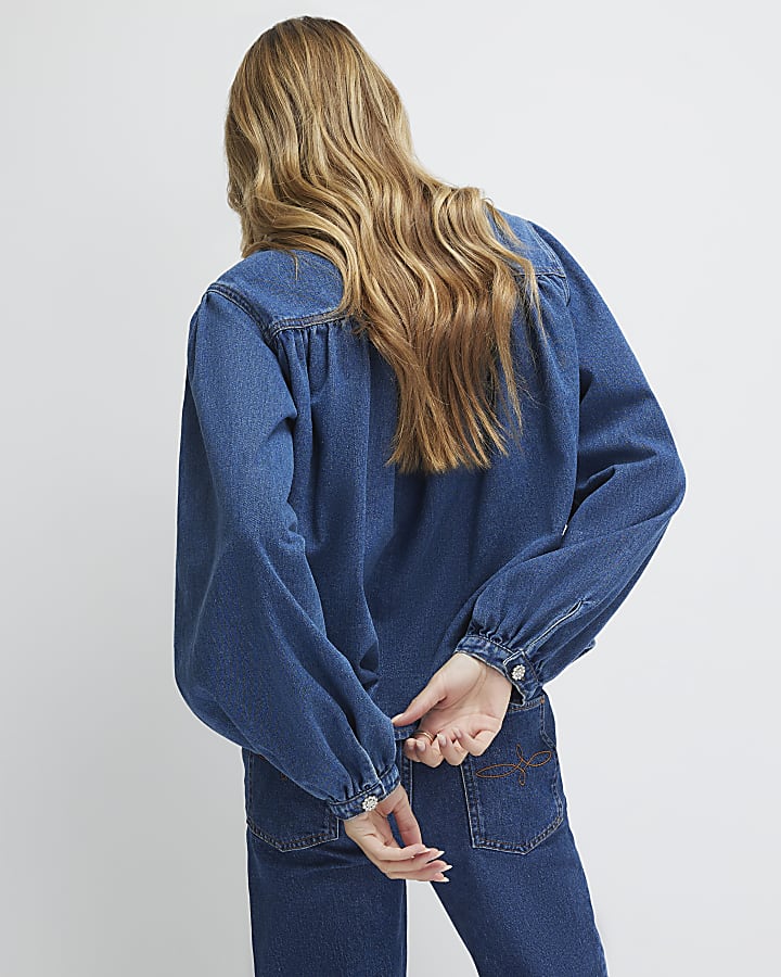 Blue Denim Diamante Button Long Sleeve Shirt
