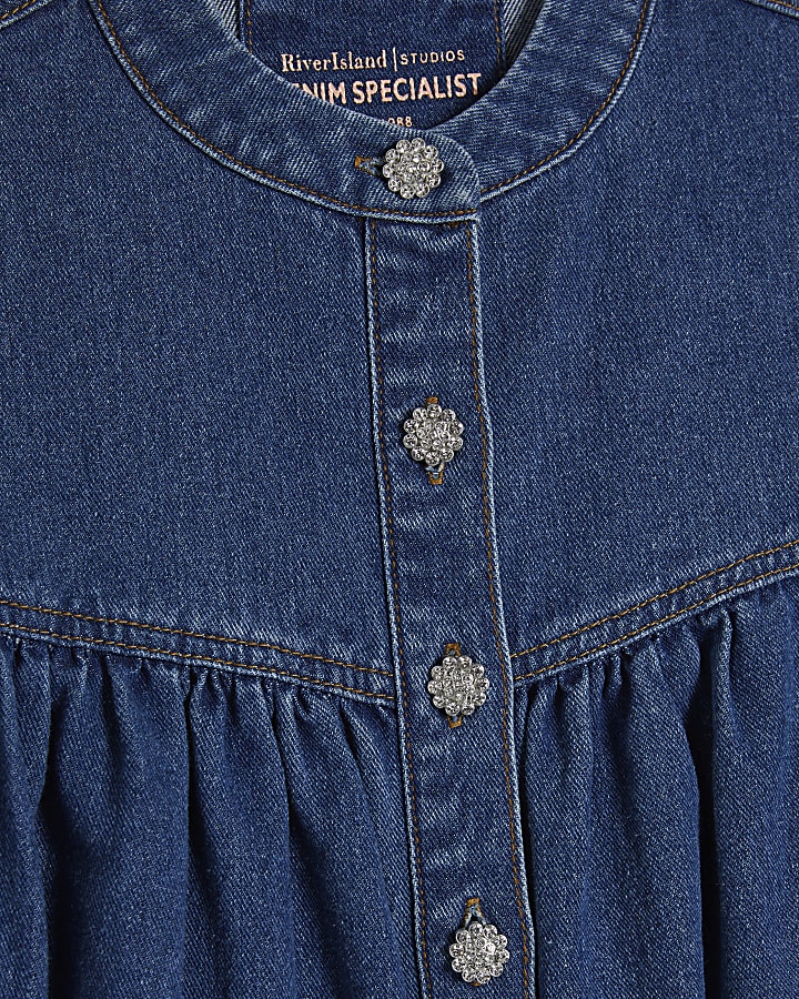 Blue Denim Diamante Button Long Sleeve Shirt