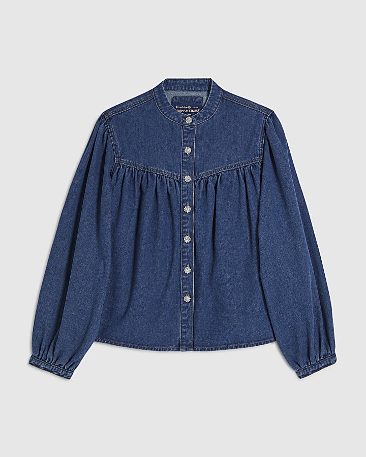 Blue Denim Diamante Button Long Sleeve Shirt