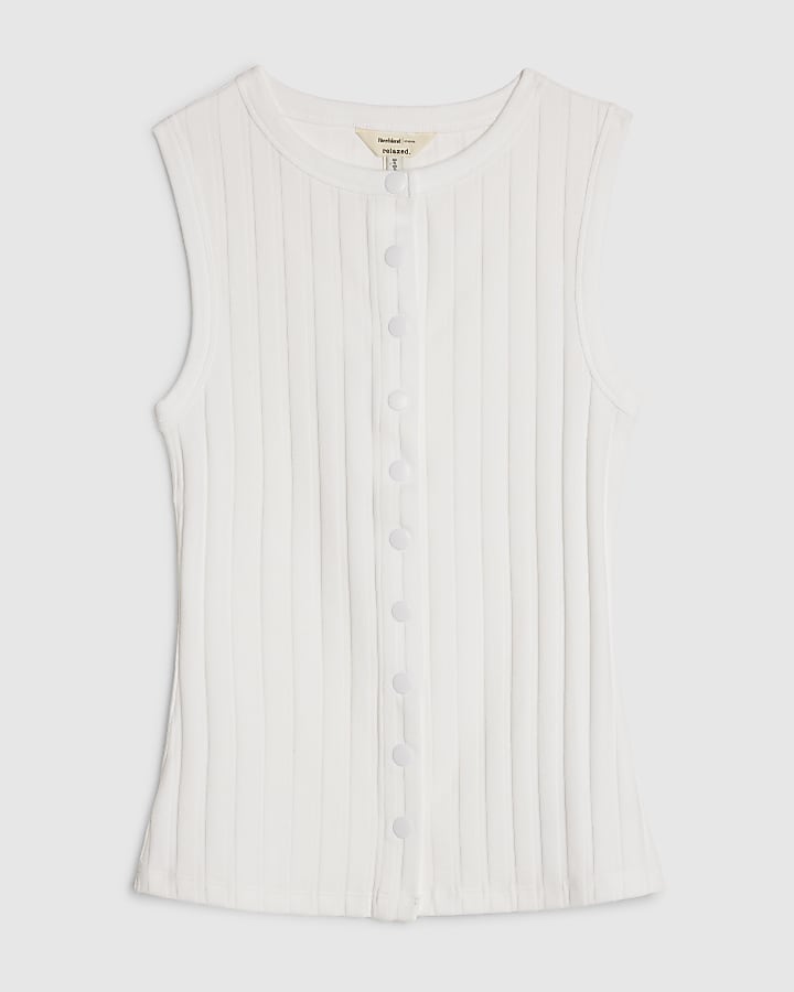White Sleeveless Ribbed Popper Tank Top