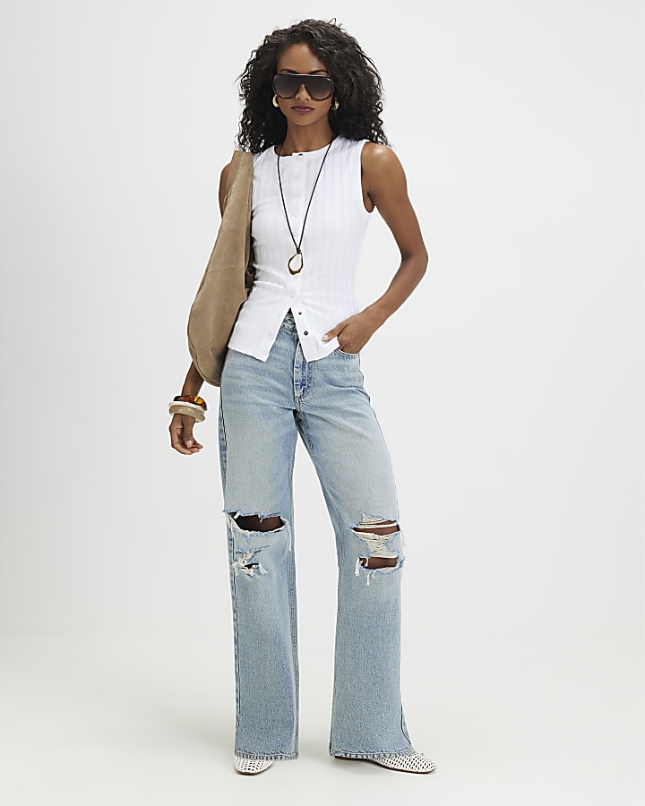 White Sleeveless Ribbed Popper Tank Top