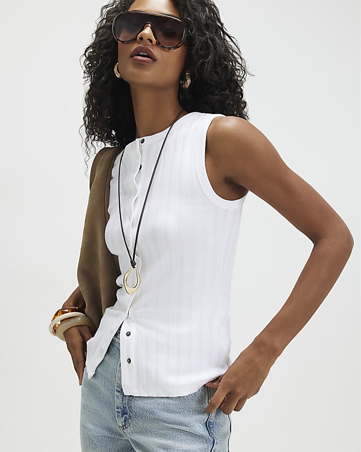 White Sleeveless Ribbed Popper Tank Top