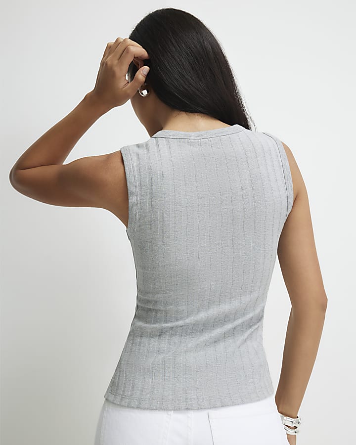 Grey Cotton Blend Popper Tank Top