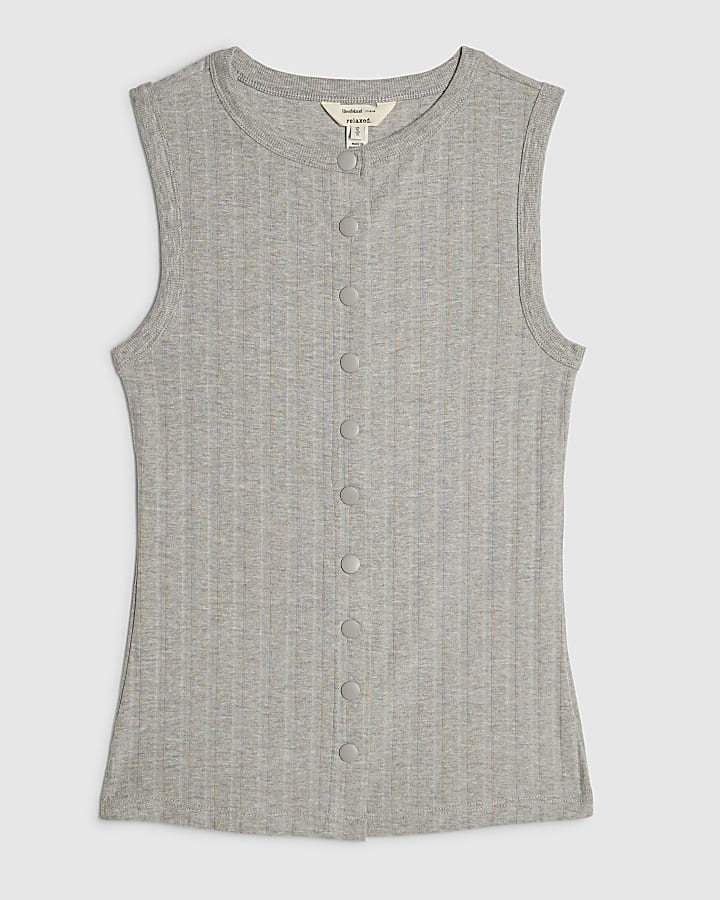 Grey Cotton Blend Popper Tank Top