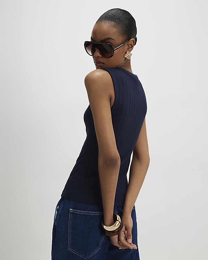 Navy Cotton Blend Popper Tank Top