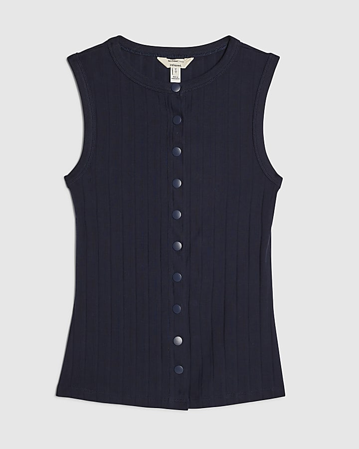 Navy Cotton Blend Popper Tank Top