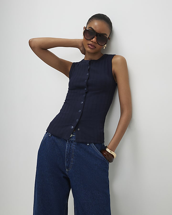 Navy Cotton Blend Popper Tank Top