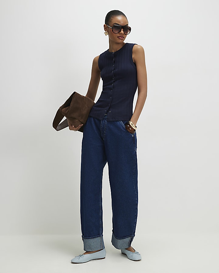 Navy Cotton Blend Popper Tank Top