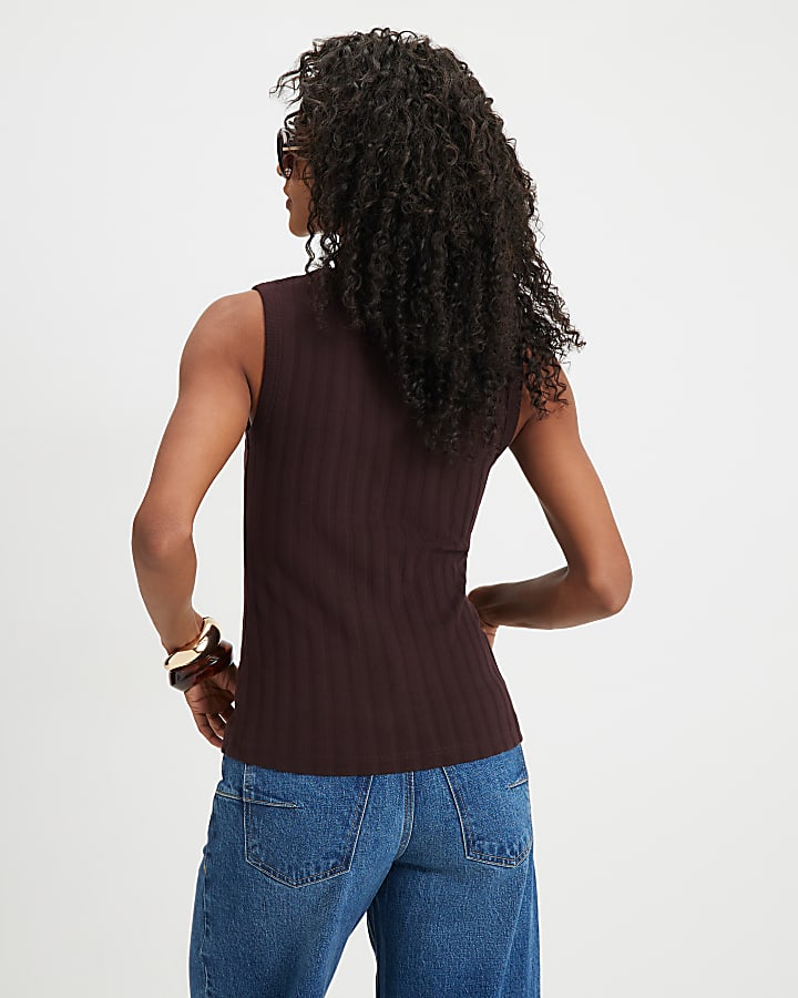 Brown Cotton Blend Popper Tank Top