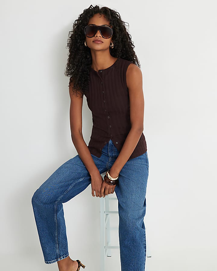 Brown Cotton Blend Popper Tank Top
