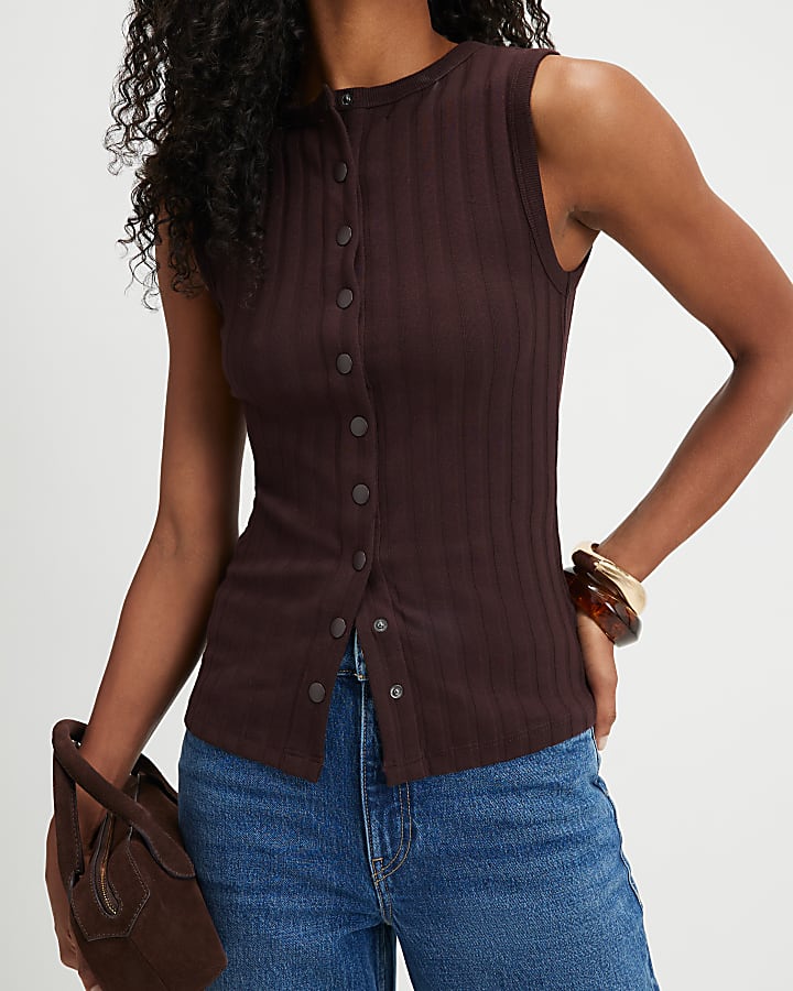 Brown Cotton Blend Popper Tank Top