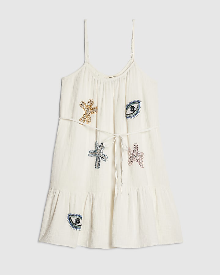 White Beaded Motif Mini Dress