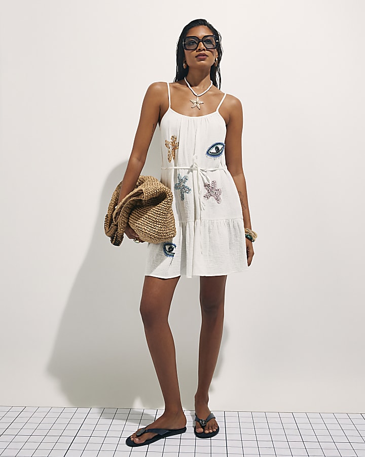 White Beaded Motif Mini Dress