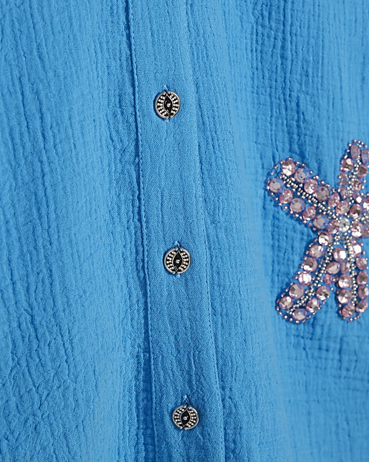 Blue Embellished Beach Shirt