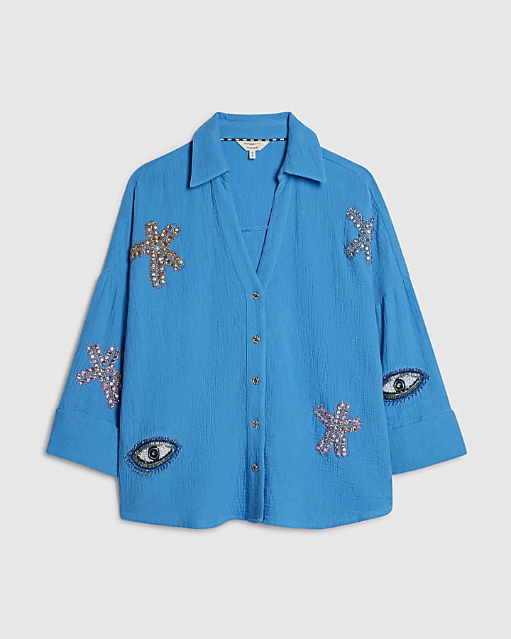 Blue Embellished Beach Shirt