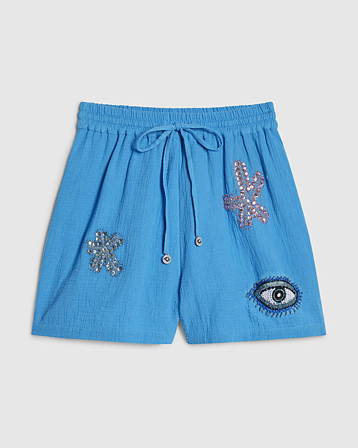 Blue Embellished Beach Shorts