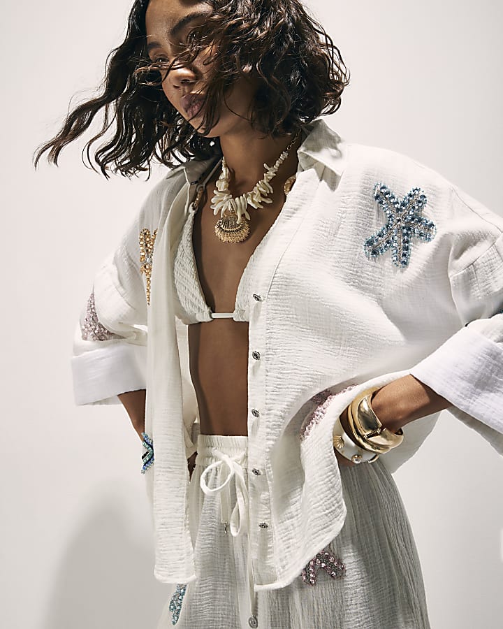 White Embellished Beach Shirt