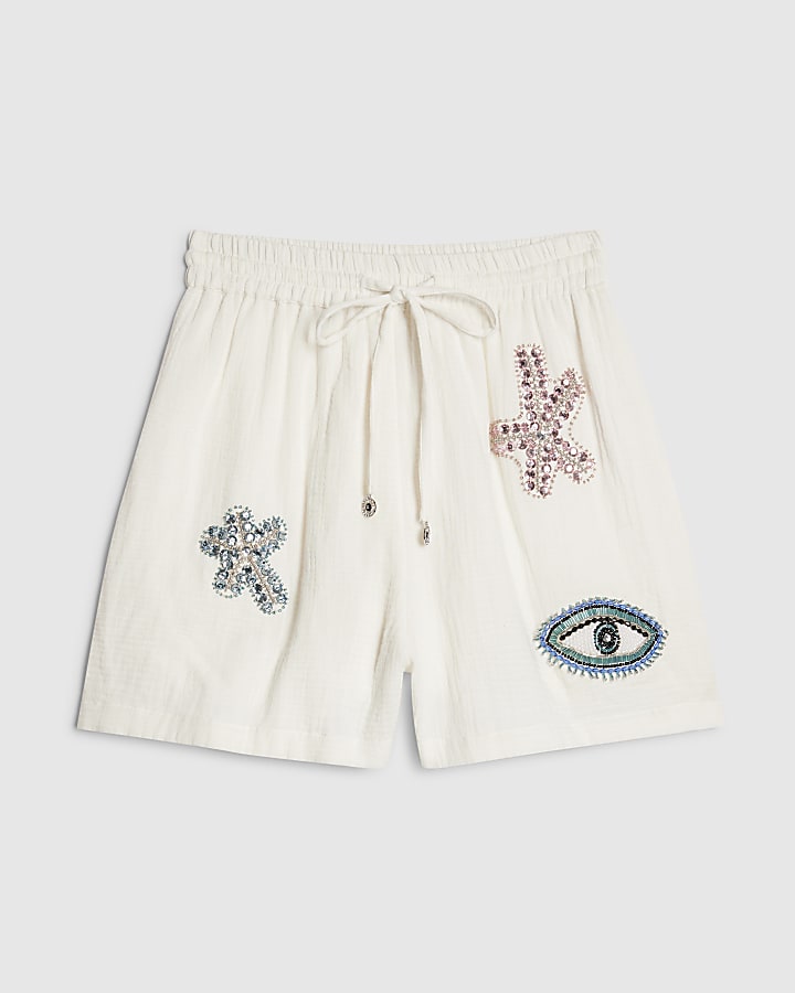 White Embellished Beach Shorts