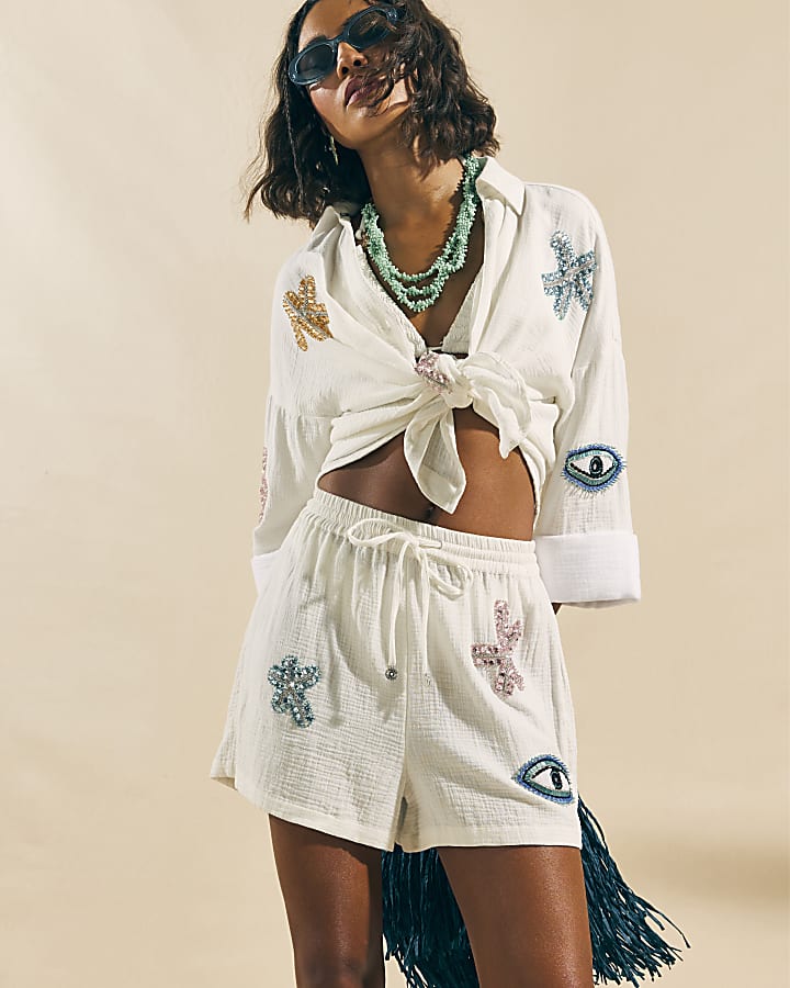 White Embellished Beach Shorts