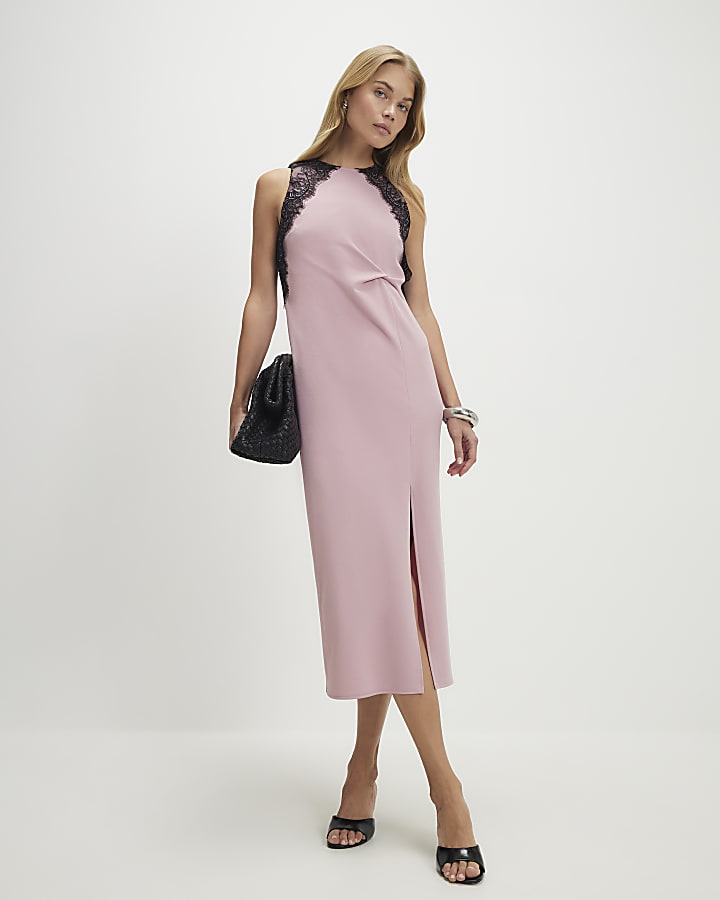 Pink Lace Trim Twist Midi Dress