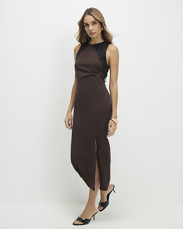 Brown Lace Trim Twist Midi Dress
