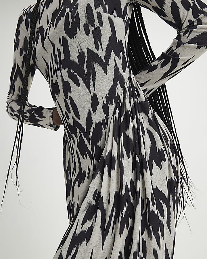Cream Animal Print Long Sleeve Maxi Dress