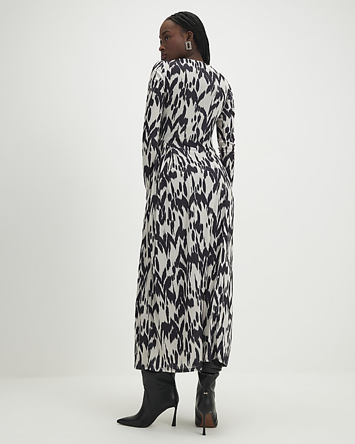 Cream Animal Print Long Sleeve Maxi Dress