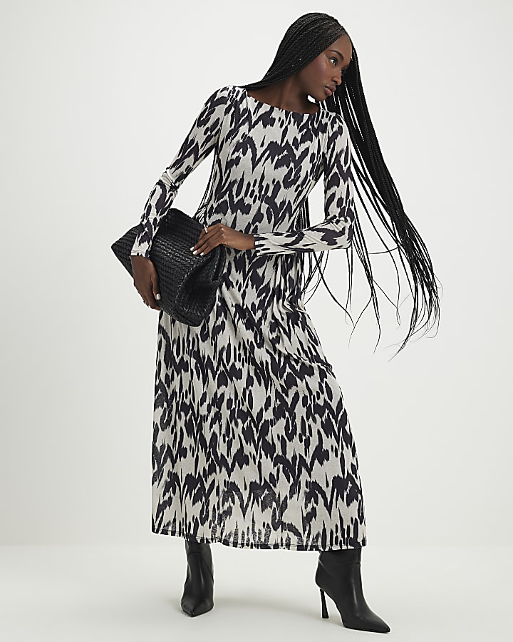 Cream Animal Print Long Sleeve Maxi Dress