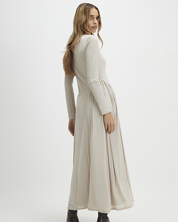Beige Long Sleeve Gathered Waist Maxi Dress