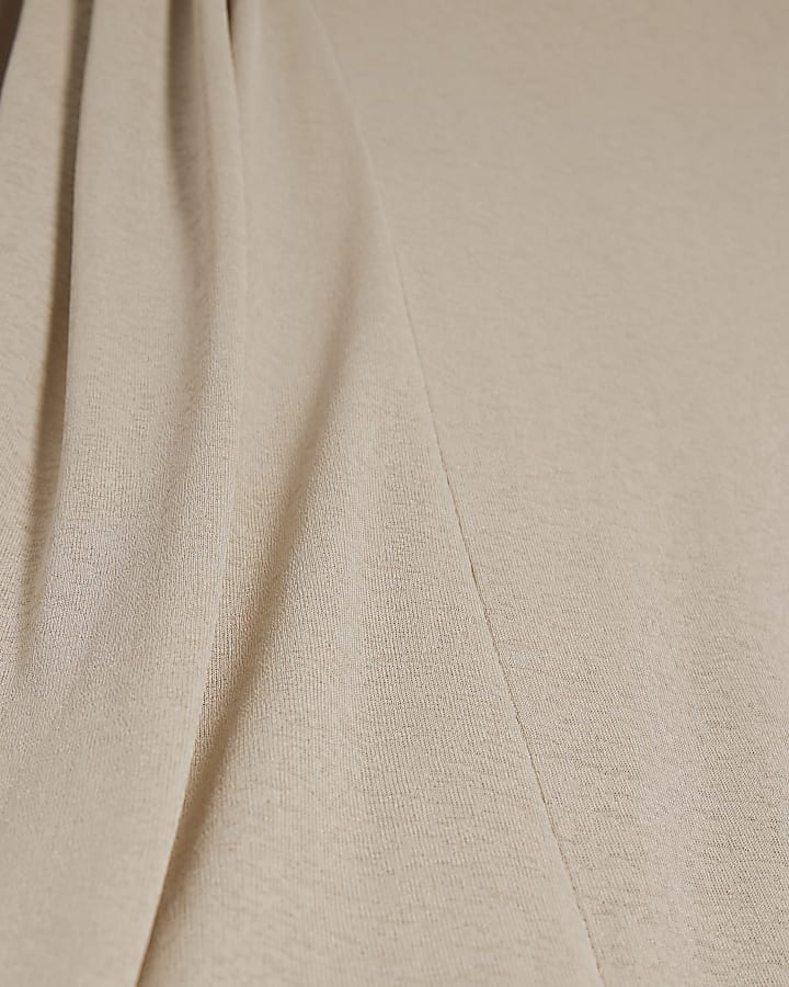 Beige Long Sleeve Gathered Waist Maxi Dress