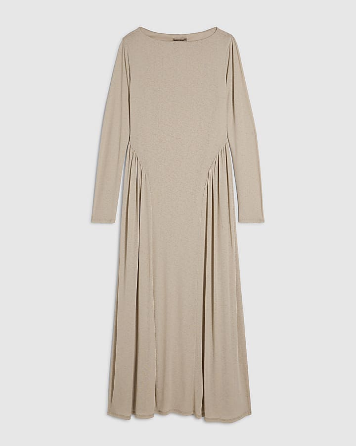 Beige Long Sleeve Gathered Waist Maxi Dress