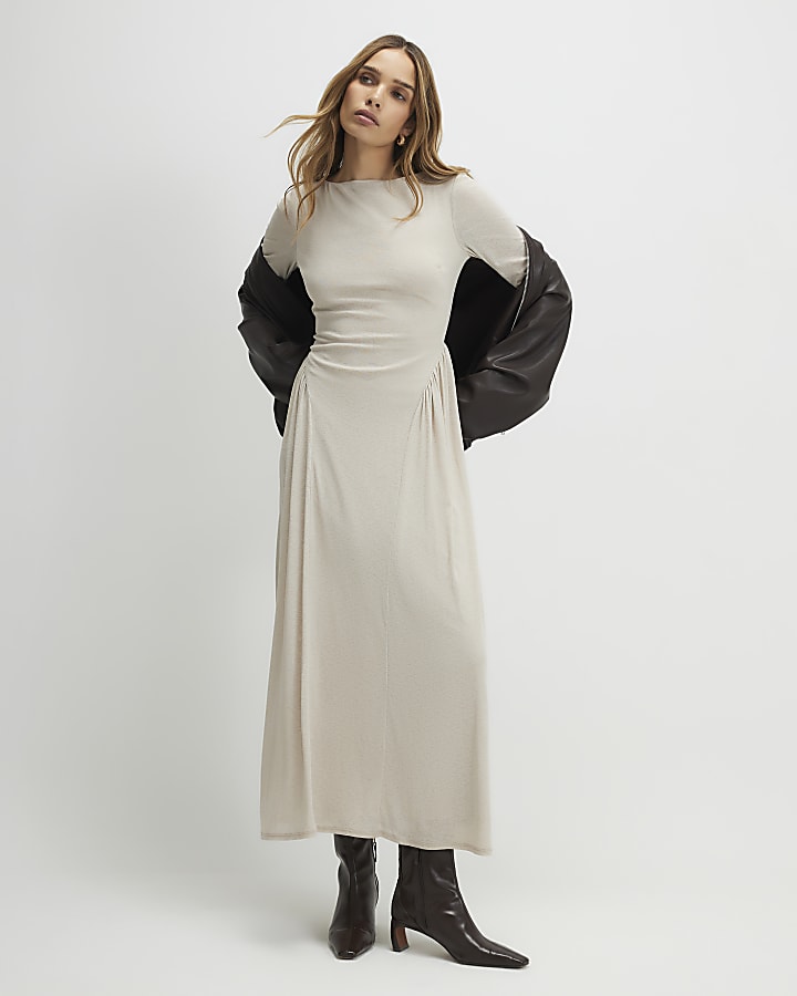Beige Long Sleeve Gathered Waist Maxi Dress