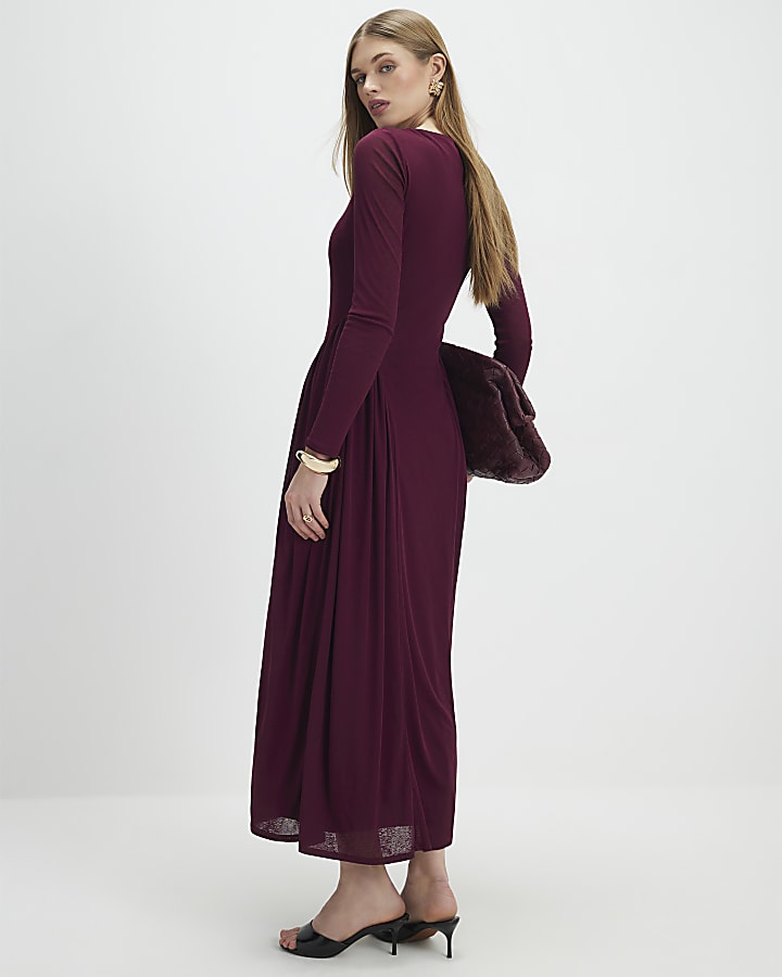 Purple Long Sleeve Gathered Waist Maxi Dress