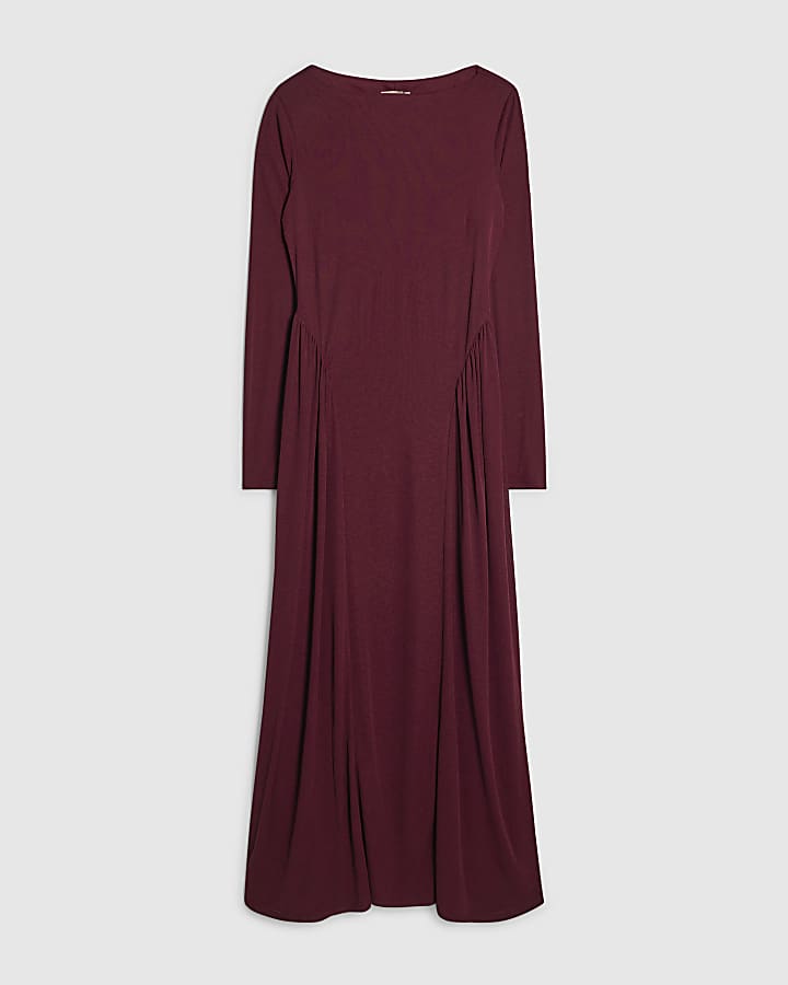 Purple Long Sleeve Gathered Waist Maxi Dress