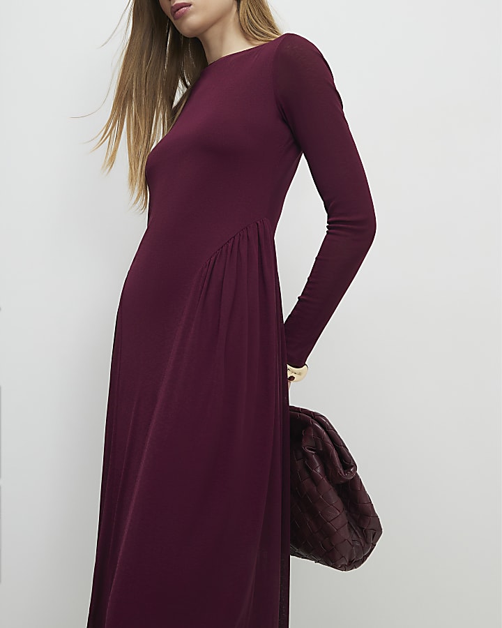 Purple Long Sleeve Gathered Waist Maxi Dress