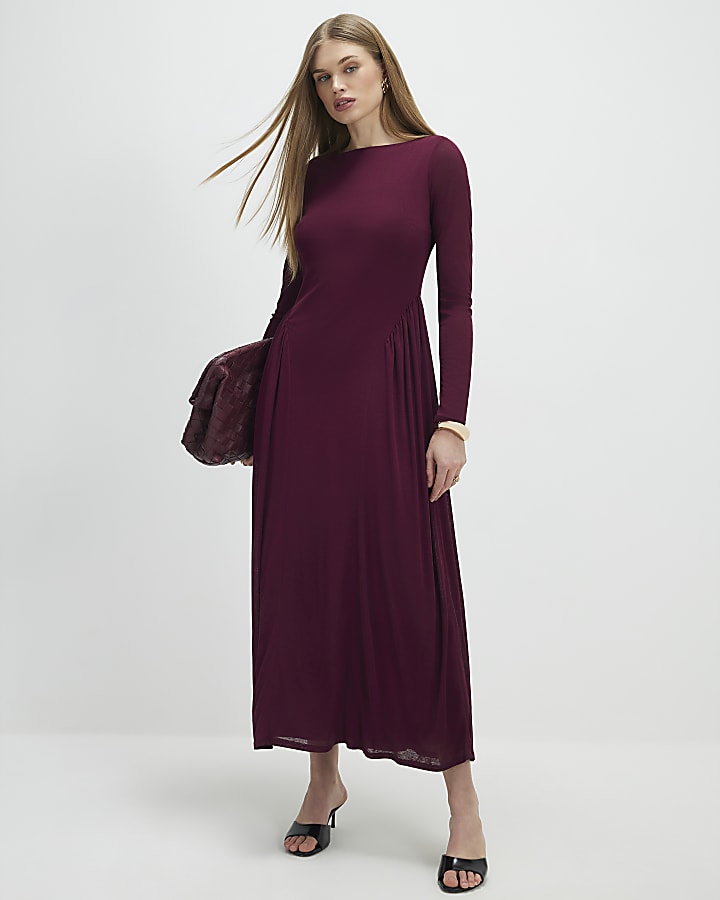 Purple Long Sleeve Gathered Waist Maxi Dress