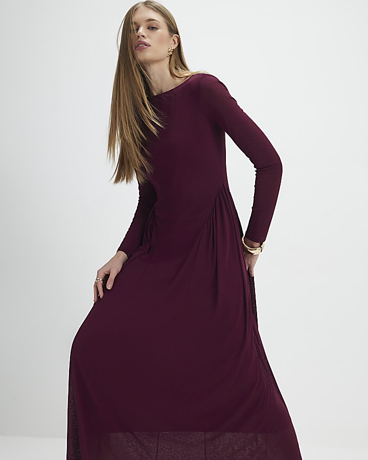 Purple Long Sleeve Gathered Waist Maxi Dress