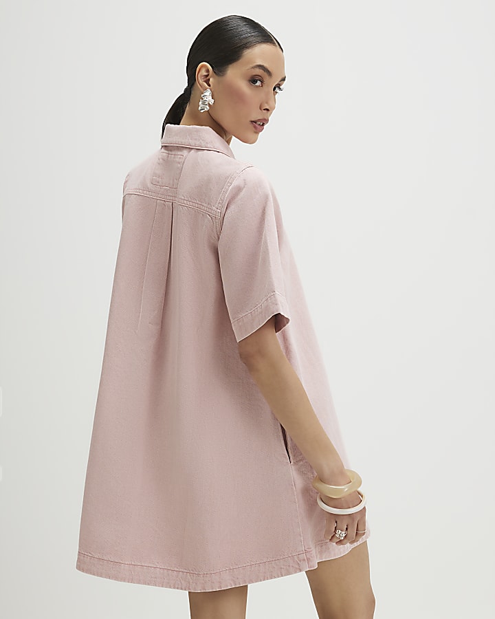 Pink Button Through Denim Dress