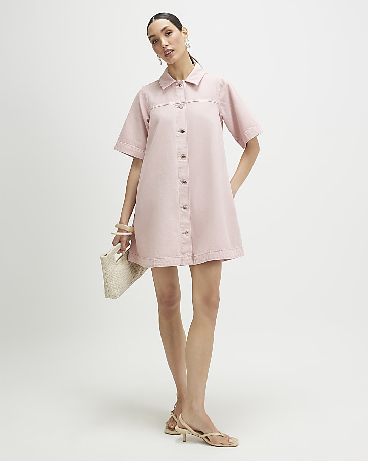 Pink Button Through Denim Dress