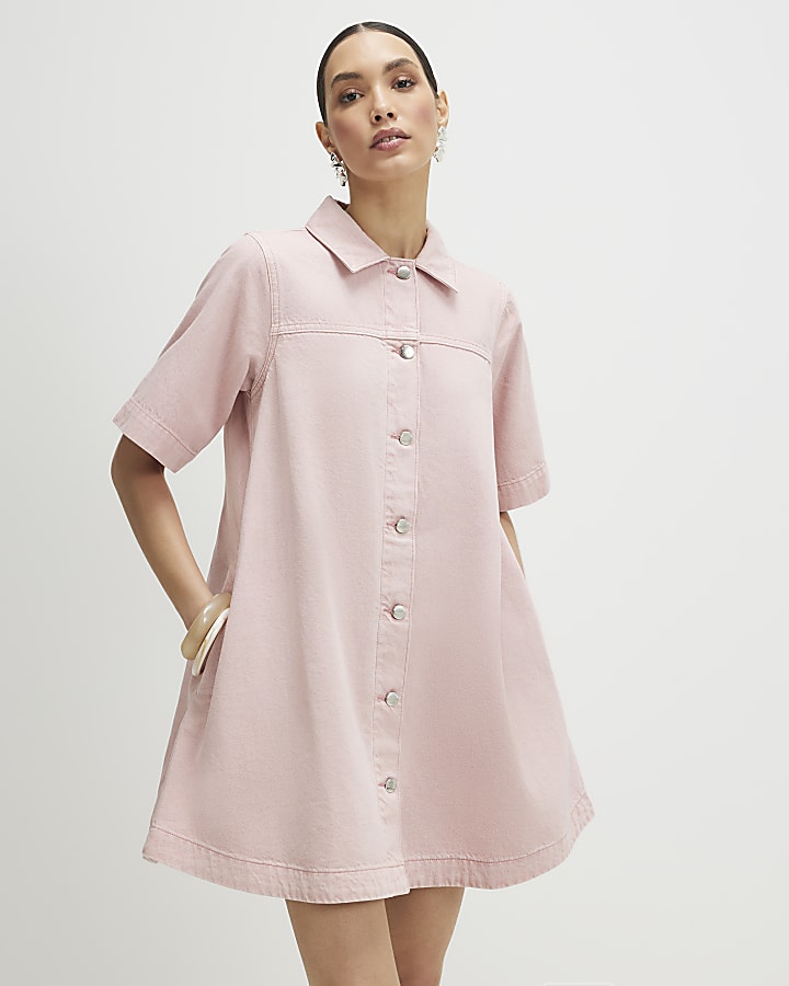 Pink Button Through Denim Dress