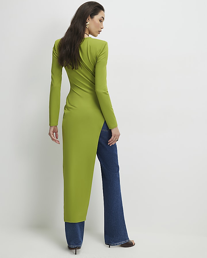 Green Shoulder Pad Long Asymmetric Top
