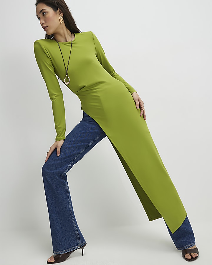 Green Shoulder Pad Long Asymmetric Top