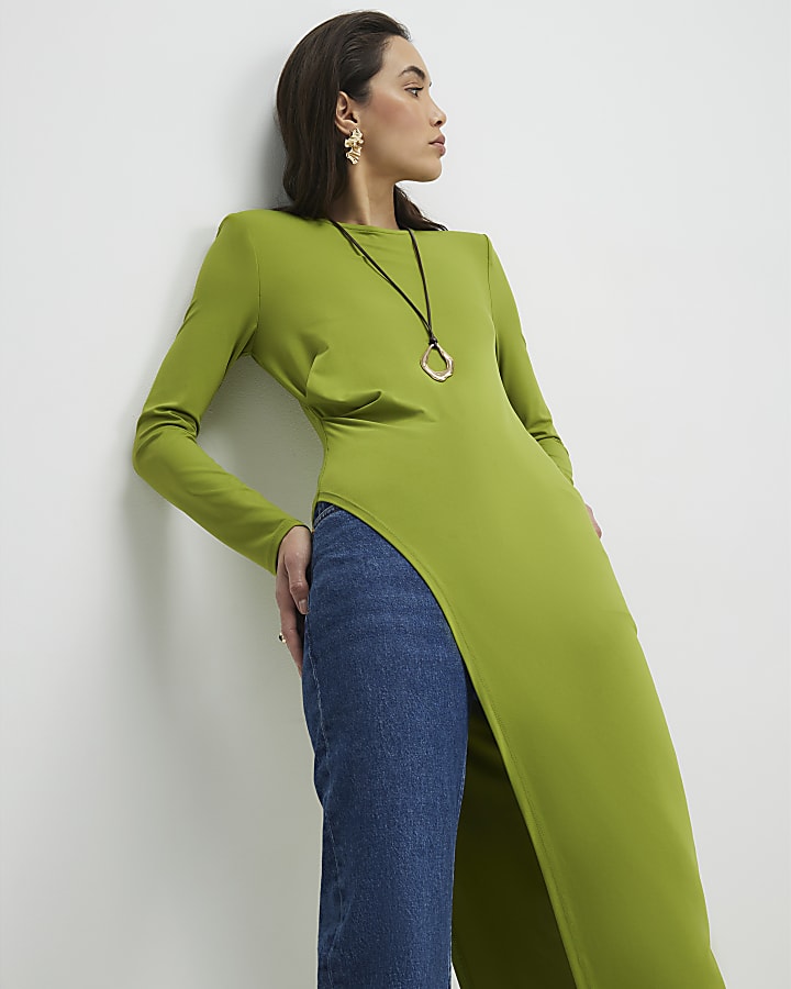 Green Shoulder Pad Long Asymmetric Top