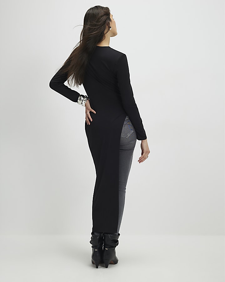 Black Shoulder Pad Long Asymmetric Top