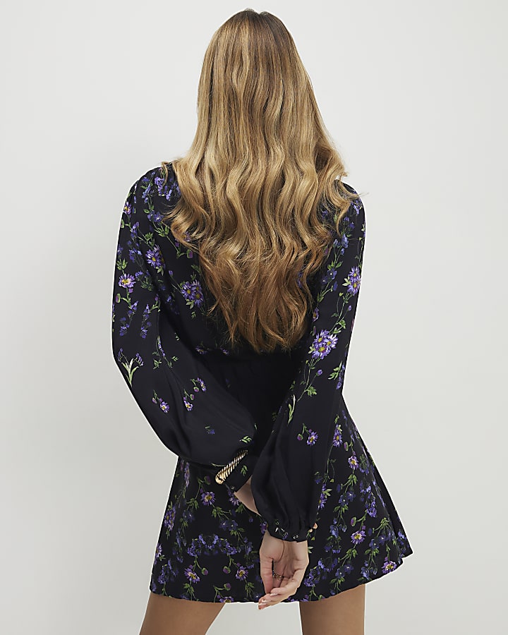 Black Floral Shaped Waist Mini Dress